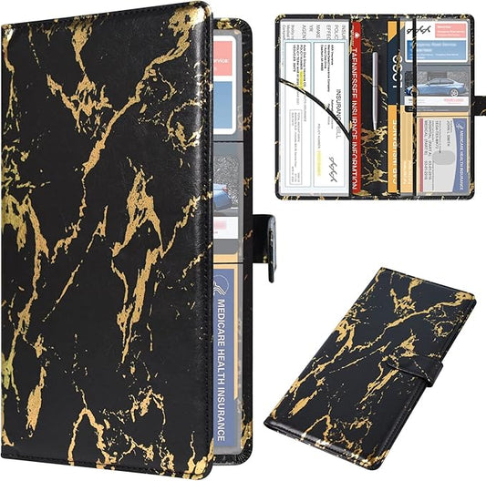 DMLuna Car Registration and Insurance Holder, Leather Vehicle Card Document Glove Box Organizer, Auto Truck Compartment Accessories for Essential Information, Driver License Cards, Black/Gold Marble