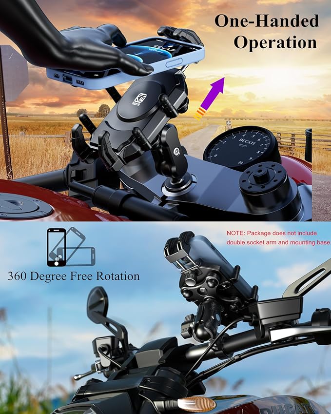 BRCOVAN 1'' Ball Phone Mount Holder with Vibration Dampener & Secure Lock, Fit for RAM Mounts B Size Double Socket Arm, for Motorcycle ATV UTV Car Bike Boat Truck Scooter, Fit 5.4-7.2'' Cellphones