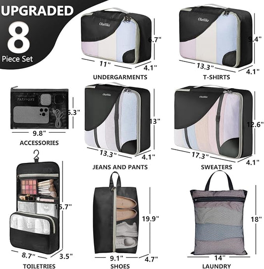 8 Set Packing Cubes for Travel, Anti-Tearing Suitcase Organizer for Luggage with Shoe & Hanging Toiletry Bag,Gifts for Women Mom,OlarHike Vacation Essentials & Accessories for Cruise Ship,Ink