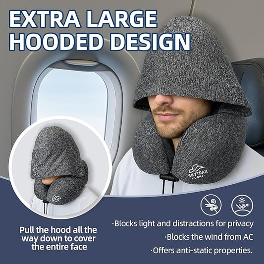 Travel Pillow with Extra Large Hood for Airplane Long Flights Privacy and Comfort Memory Foam with Skin-Friendly Cover for Road Trip Head&Neck Support for Plane Office Cars Sleeping & Rest (Grey)