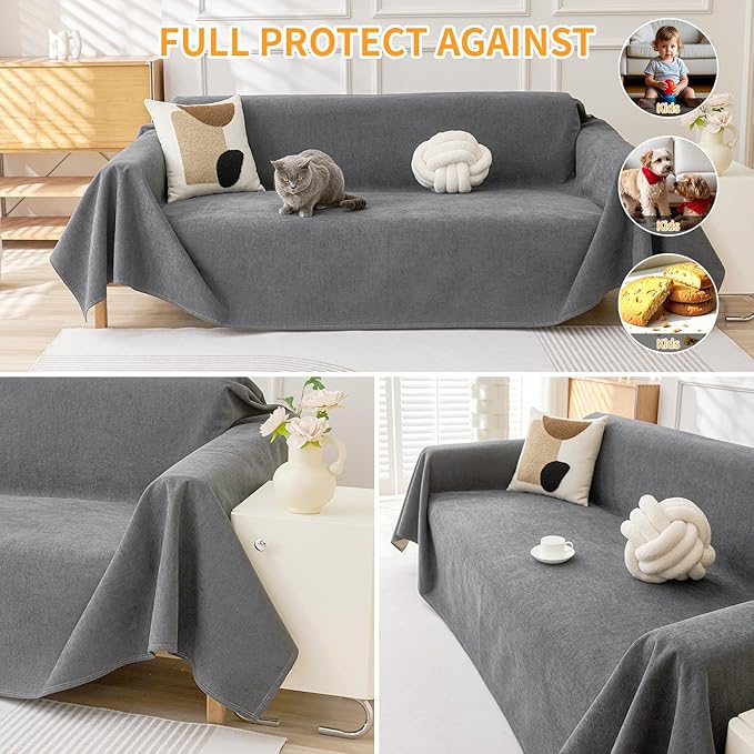 Deep Dream Cat-Scratch Resistant Couch Cover, Waterproof Sofa Cover for 3 Cushion Couch Washable, Pet Friendly Couch Protectors Anti Slip Thickened Sofa Slipcovers for Dogs Pets, 71" x 134",Dark Grey