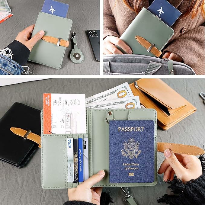 Deziliao Passport wallets, Mulit-purpose RFID Blocking Passport Holder AirTag Wallet, Travel Wallet（Moss Green）