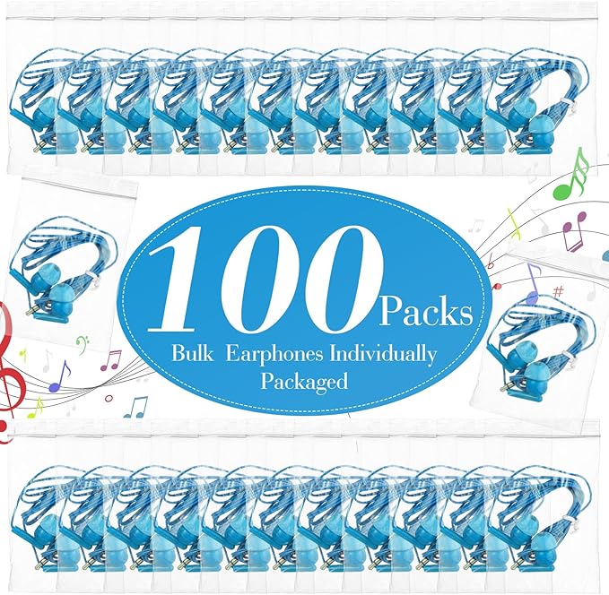 Kanayu 100 Packs Earbuds Bulk Basic Student Earphone Individually Bagged 3.5 mm Headphones for Schools Classrooms Library Teens Gift(Sky Blue)