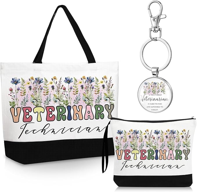 Kacctyen 3 Pcs Veterinary Appreciation Gifts Veterinarian Tote Bag Makeup Cosmetic Bag Vet Thank You Keychains for Female Women Assistant Student
