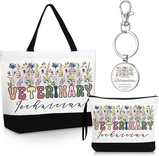 Kacctyen 3 Pcs Veterinary Appreciation Gifts Veterinarian Tote Bag Makeup Cosmetic Bag Vet Thank You Keychains for Female Women Assistant Student