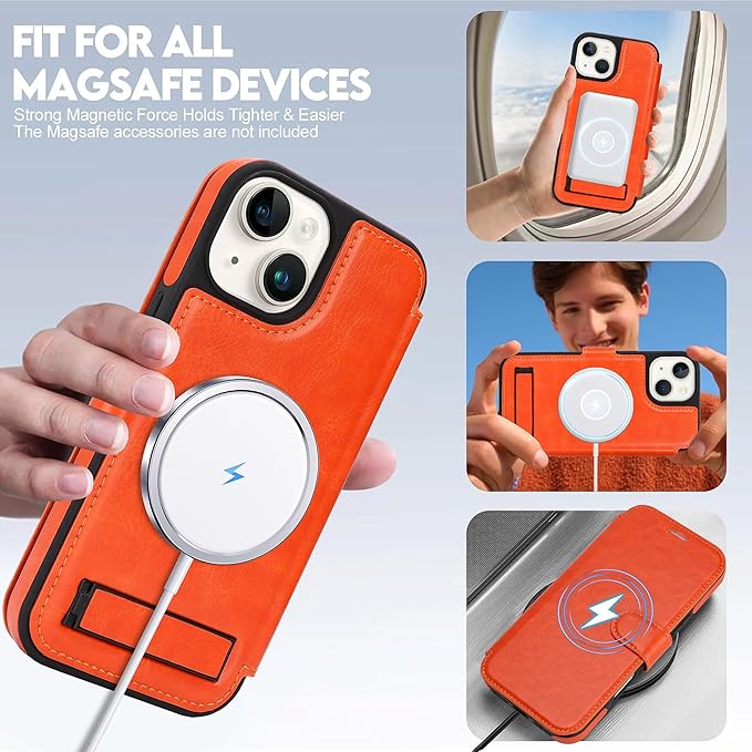 CIVICASE for iPhone 13/iPhone 14 Wallet Case with Stand,PU Leather Flip Credit Card Holder Slots (RFID Blocking),Compatible with Magsafe Magnetic Holder Phone Cover Women Men,Orange