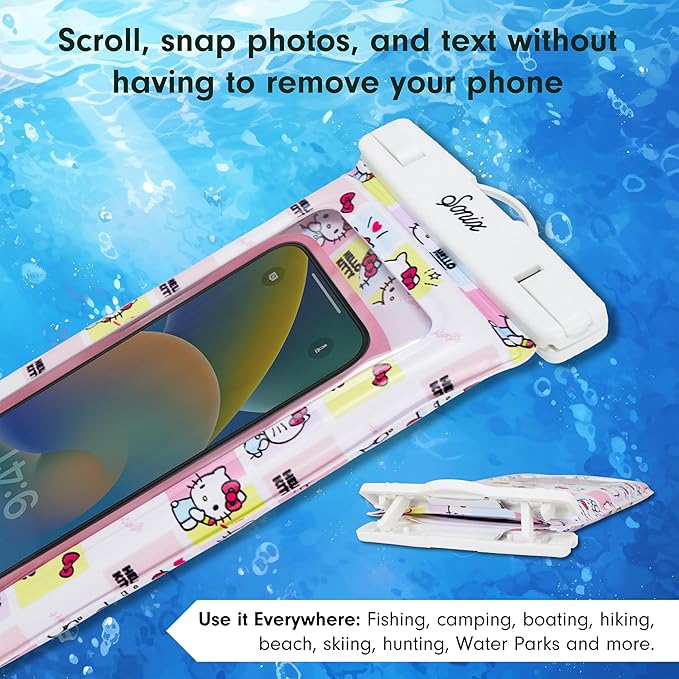 Sonix x Sanrio Waterproof Phone Pouch - Floating Phone Case Dry Bag w/Crossbody Lanyard - Beach Cruise Travel Essentials - Compatible w/All Devices, Touchscreen Friendly | Hello Kitty Grid