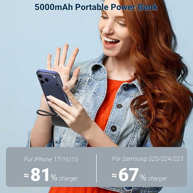 Portable Charger for iPhone 17/16/15 Series, 5000mAh Mini Power Bank with Built-in USB C Connector, 22.5W Fast Charging Battery Pack for Samsung Galaxy S25/S24/S23 Series, iPad etc (Black)