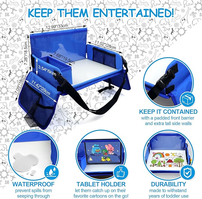 Julaiwy Travel Tray for Kids, Carseat Table Tray for Road Trip Activities, Toddler Lap Desk Organizer for Airplane - Blue