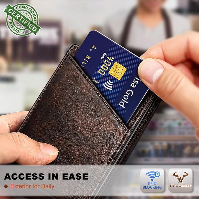 BULLIANT Men Wallet,Slim Leather Wallet Money Clip Magnetic Closure Simplifed Bill Folder 10Cards RFID Blocking 4.3"×3"