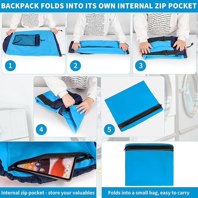 Laundry Bag Backpack with 3 Sizes Mesh Wash Bags and Shoulder Straps Foldable Clothes Hamper Bag with Drawstring Closure for College, Apartment, Laundromat (Blue)