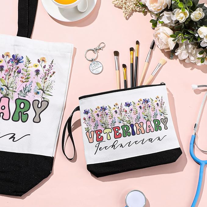 Kacctyen 3 Pcs Veterinary Appreciation Gifts Veterinarian Tote Bag Makeup Cosmetic Bag Vet Thank You Keychains for Female Women Assistant Student