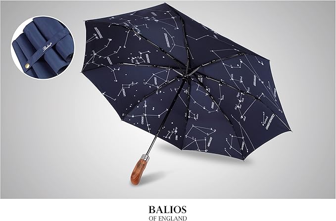 Balios (Designed in UK) Umbrella Handmade Real Wood Handle-Dark Navy with Sophisticated Constellation Interior Pattern-Windproof Fiberglass Auto Open Close Folding-300T Finest Fabric