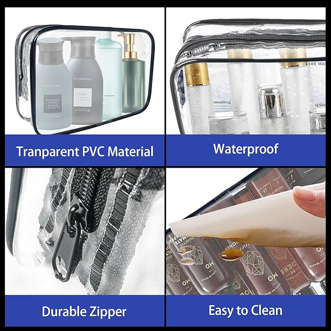 16 Pack Waterproof Cosmetic Bag TSA Approved Toiletry Bag, Portable Travel Pouch with Zipper, Vinyl Plastic Organizer Storage for Men and Women (Black-L)