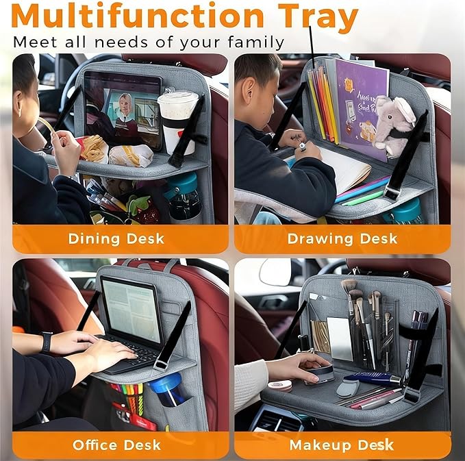 Backseat Car Organizer with Tray, 9 Storage Pockets Back Seat Protector with Foldable Tablet Holder, Waterproof Back of Seat Kick Mats for Kids Adult, Travel Accessories, Gray