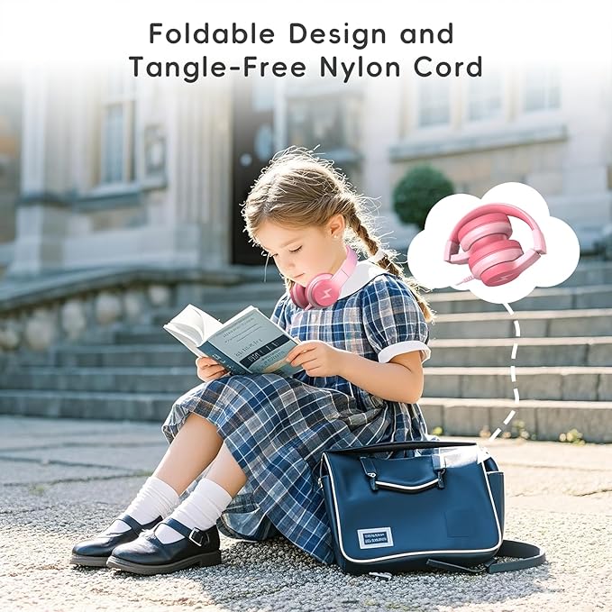 Kids Wired Headphones for Kids with Microphone, 85/94dB Volume Limiter Headphones for Girls Boys, Light Pink