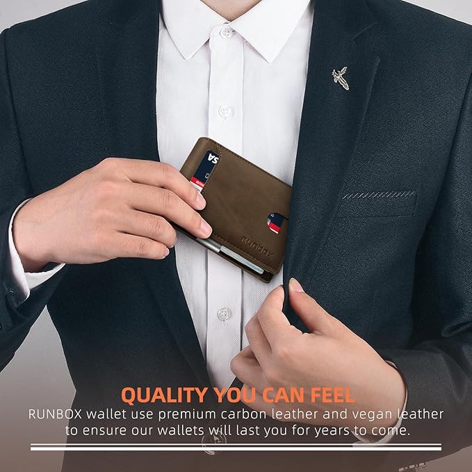 RUNBOX Slim Wallets for Men - Leather Money Clip Mens Wallet - RFID Blocking Front Pocket Bifold Wallet - Thin Credit Card Holder with Gift Box