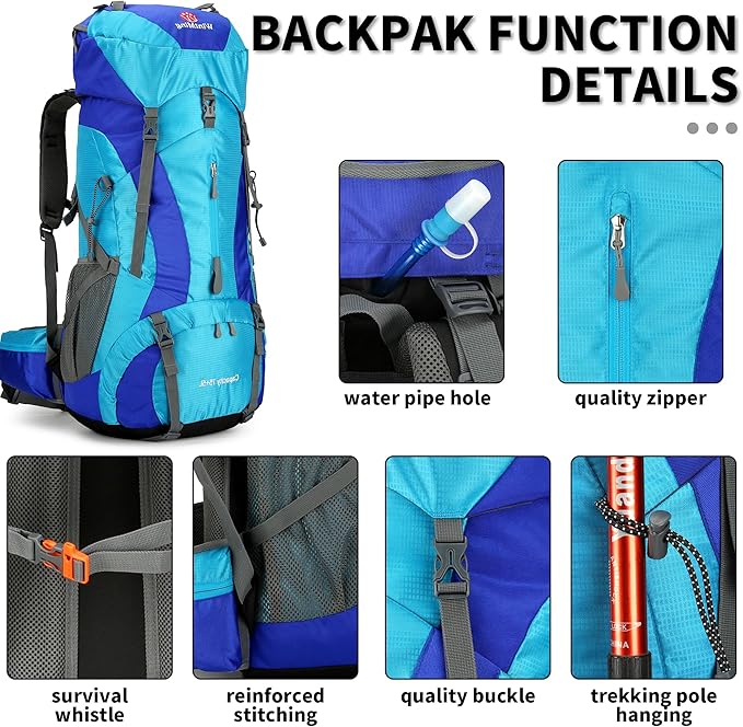 Hiking Backpack for Men and Women 70L+5L Waterproof Lightweight Camping Daypack with Rain Cover for Outdoor Travel Mountaineering - Frameless (Blue)