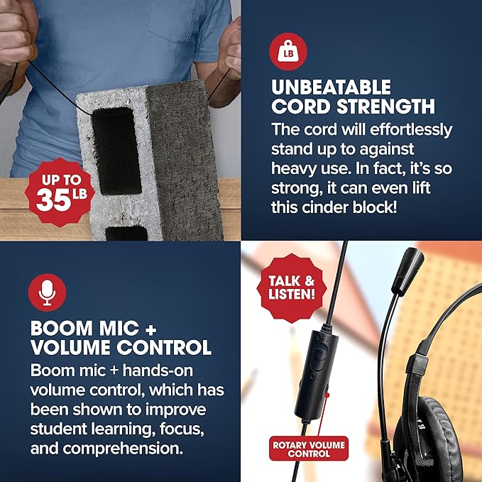 SENTRY Bulk Rugged School Headphones, Durable for Kids, Students, Teachers, Classrooms, 3.5mm or USB-C Jack Options, Optional Boom Mic for Online Learning (24 Count - 3.5mm with Boom Mic, 24, Count)