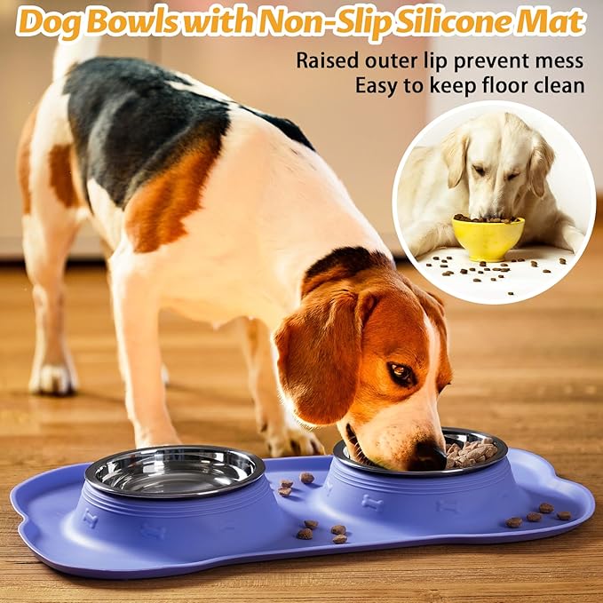 Hubulk Pet Dog Bowls 2 Stainless Steel Dog Bowl with No Spill Non-Skid Silicone Mat + Pet Food Scoop Water and Food Feeder Bowls for Feeding Small Medium Large Dogs Cats Puppies (Small, Purple)