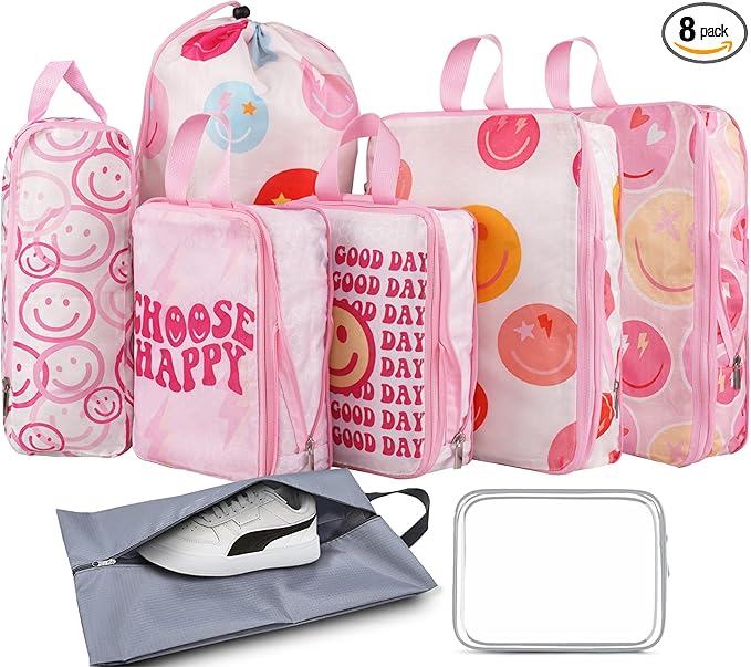 8 Pcs Compression Packing Cubes for Travel, Lightweight Waterproof Luggage Organizer Bags Set, Washable Packaging Cubes for Women Backpack Carry-On Suitcases