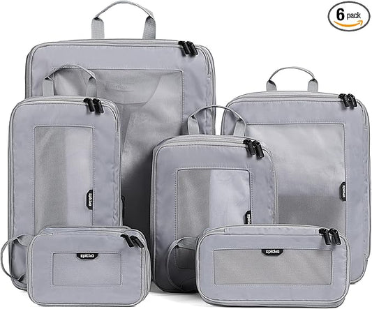EPICKA TripCozy Compression Packing Cubes - 6 Set Durable Travel Organizer Bags with Mesh Top, Expandable Travel Accessories for Carry on, Luggage, Suitcase, Backpack (Light Grey)