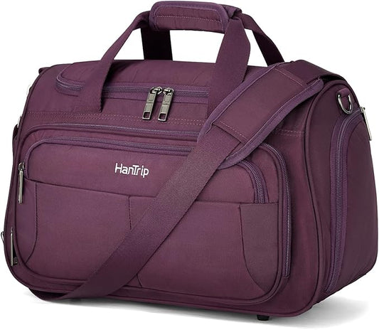 HanTrip Carry on Duffel Bag Foldable Duffle Bags for Travel, Under Seat Personal Item Bags for Airplanes, Weekender Overnight Mens Travel Tote Bag for Women Small Softside Carry on Luggage (Purple)