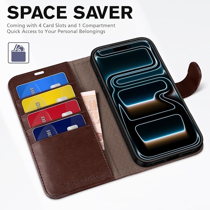 TUCCH Wallet Case for iPhone 17 Pro (6.3-Inch) 2025, 4 Card Holders, RFID Blocking, Stand, Shockproof TPU Shell, PU Leather, Magnetic Closure, Protective Flip Folio Cover, Chocolate Brown