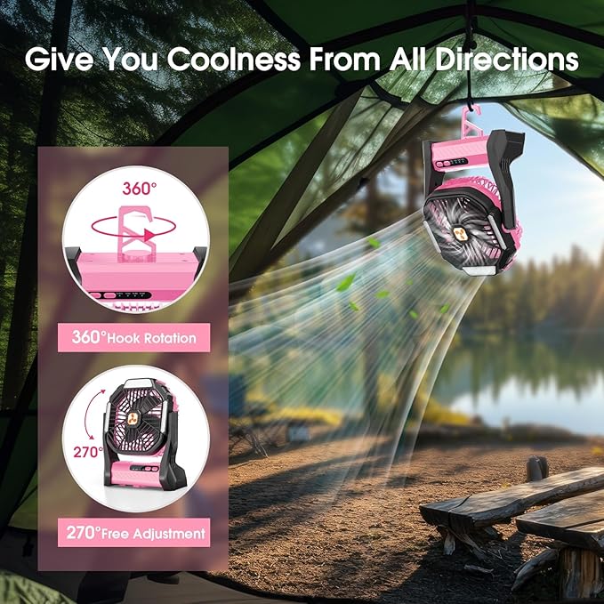 Portable Rechargeable Fan, 20000mAh Cordless Battery Powered Camping Tent Fans with SOS & LED Lantern, Small USB C Operated Outdoor Ventiladores for Travel Camp Fishing Office Home Essentials (Pink)