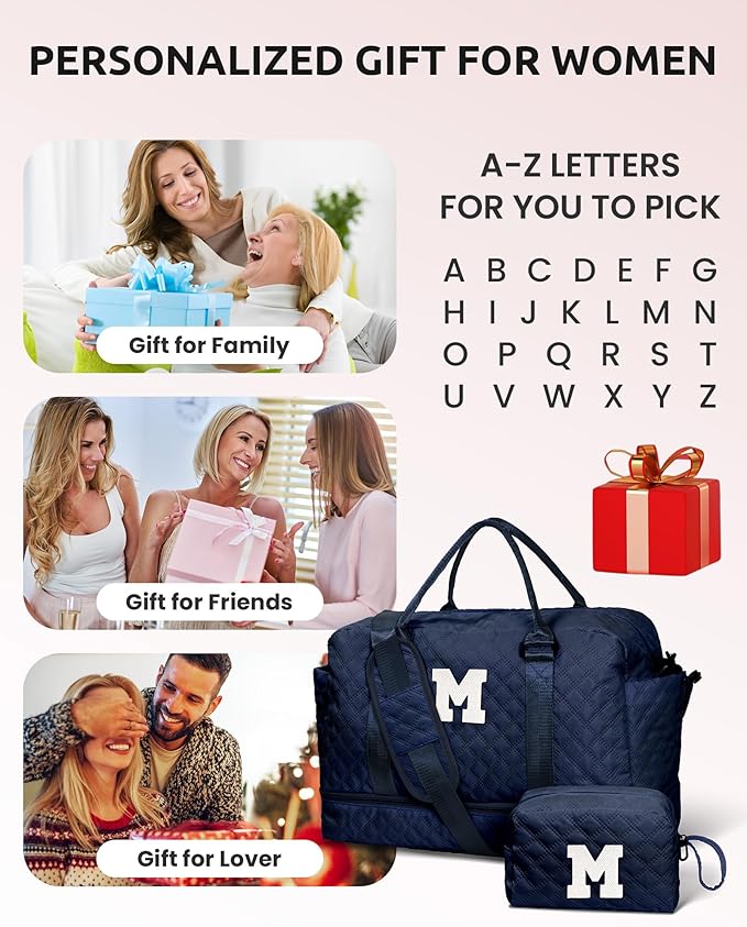 Vogewood Gifts for Girls - Personalized Initial Duffle Bag with Shoe Compartment, Weekender Travel Bag, Makeup Bag, Navy Blue, 12x7x2 inches