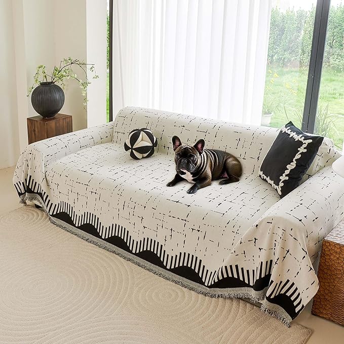 Couch Cover for 3 Cushion Sofa Pet Friendly Furniture Covers, Chenille Sofa Covers Washable L Shape, Boho Couch Blanket Cover with Tassel Decoration, 71"x 150", Beige