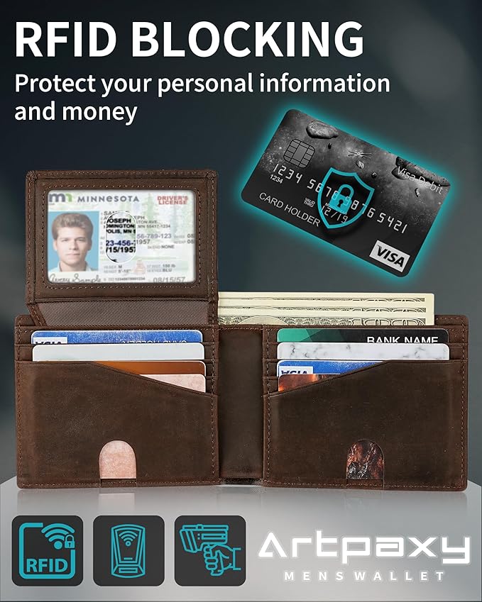 Mens Wallet With AirTag Holder, Bifold Leather RFID Blocking 1-2 ID Windows 12-13 Card Holders, Gift Box and Screen Protector Included, AirTag Not Included