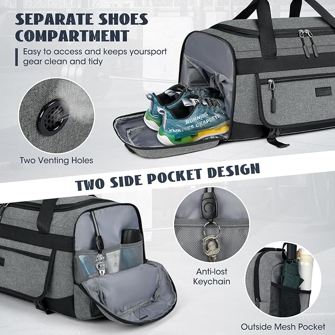 IGOLUMON Gym Bag for Men 40L Sports Duffel Bags Gym Duffle Bag Women with Shoe Compartment & Wet Pocket Water Resistant Travel Duffel Bag Lightweight Weekender Overnight Bag Gray