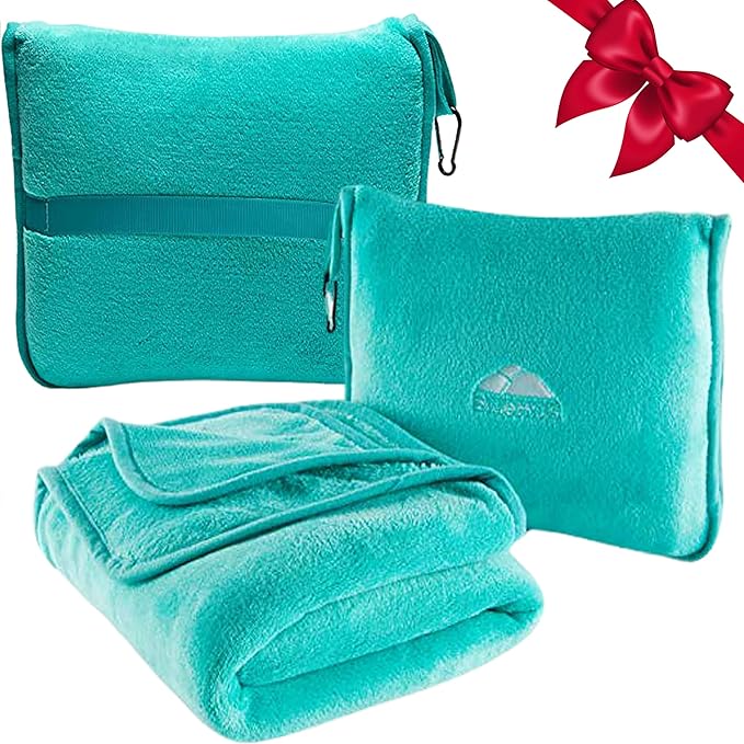 BlueHills Premium Soft Travel Blanket Pillow Airplane Blanket Packed in Soft Bag Pillowcase with Hand Luggage Belt and Backpack Clip, Compact Pack Large Warm for Any Travel (Teal Green T006)