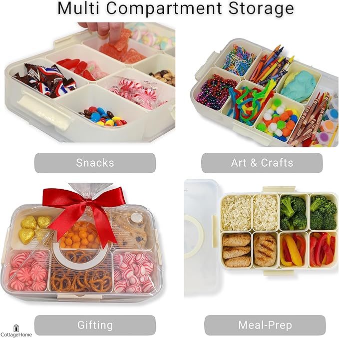 Snackle Box Container with 8 Removable Compartments - 2 Pack Divided Serving Tray with Lid and Handle for Candy, Fruits, Veggies, Nuts, Snacks - Dishwasher Safe, Reusable Travel Snack Box