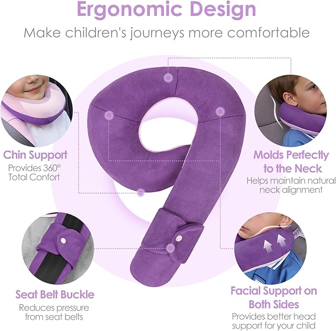 Kids Travel Neck Pillow, Comfortable Head & Chin Support for Car seat & Airplane, Toddler Pillow for Sleeping on Road Trip, Gifts for Child (Deep Purple & Light Purple)