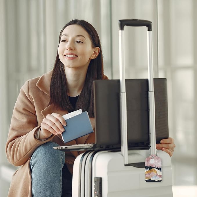 Art Mountains Luggage Tags 2PCS PU Leather Suitcases Tag with Stainless Steel Loop and Privacy Name Address Cover Label Card for Women Men Travel