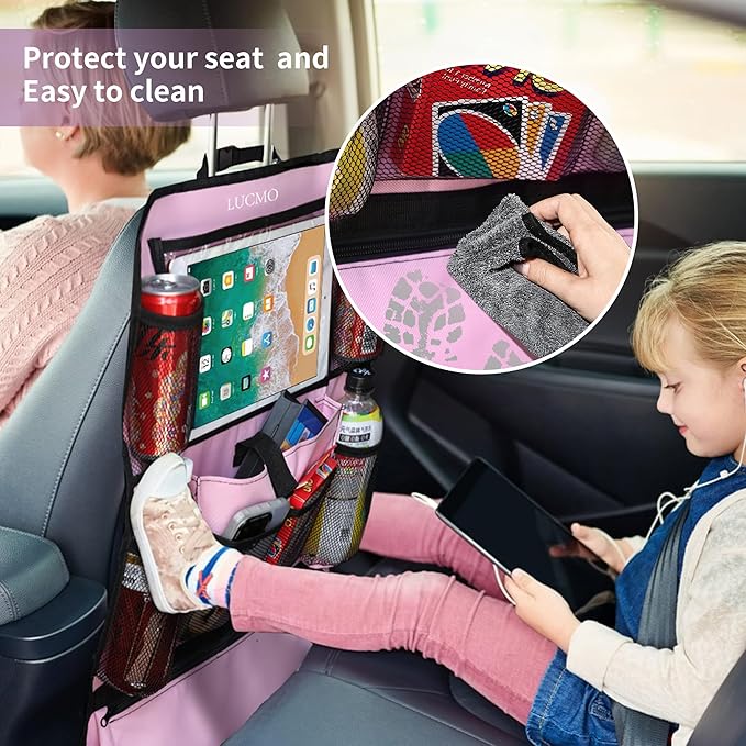 LUCMO Car Backseat Organizer with Touch Screen Tablet Holder-2 Pcs,9 Storage Pockets Car Storage Organizer Protectors Kick Mats Travel Accessories for Kids-Pink