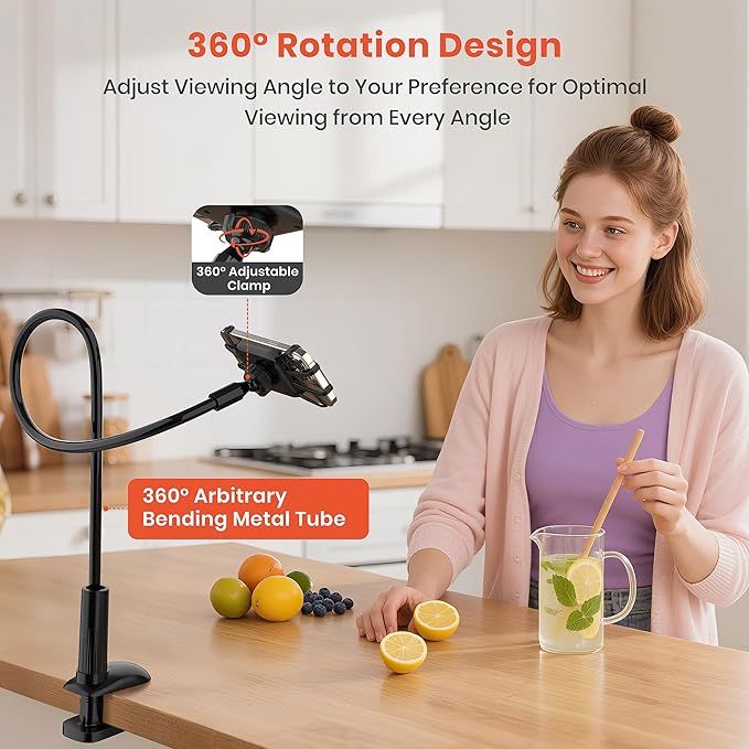 Gooseneck Kindle Holder for Reading in Bed, 360° Adjustable Cell Phone Stand for Desk, Flexible Lazy Arm Mount Clamp,Kindle Paperwhite Stand Accessories,Compatible with 4-8 Inches Device