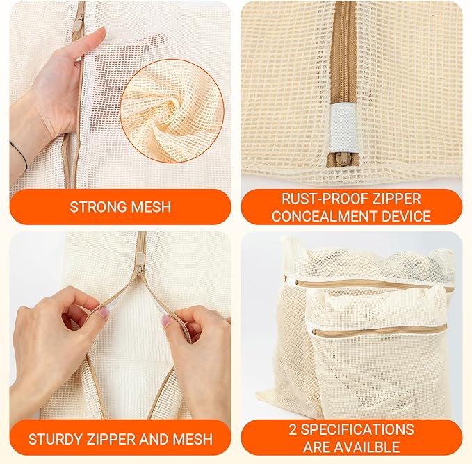 3Pcs Mesh Laundry Bags for Delicates, Durable Organic Cotton Mesh Wash Bags, Sturdy Zipper Laundry Bag for Lingerie, Clothes, Shoes, Socks, Large