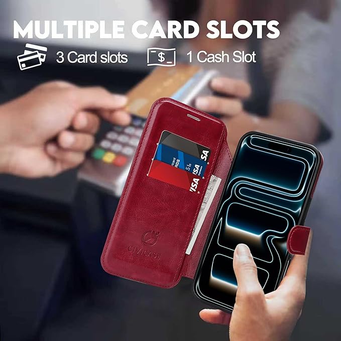 CIVICASE for iPhone 17 Pro Max Wallet Case with Stand,PU Leather Flip Credit Card Holder Slots (RFID Blocking),Compatible with Magsafe Magnetic Holder Phone Cover Women Men,Wine Red