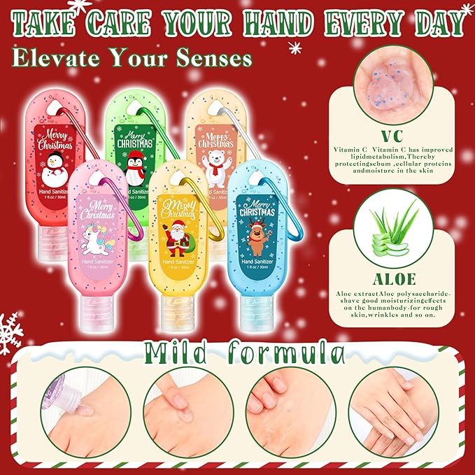 24 Packs Christmas Hand Sanitizers Keychains Gifts Mini Hand Sanitizer Bulk 1oz Travel Size Sanitizer Keychains Gifts Set Christmas Party Favors Treat Goodie Bags Stuffers