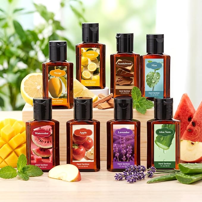 Frienda 24 Pcs Mini Hand Sanitizers Bulk Travel Size Scented Hand Sanitizers 1 Fl oz Brown Bottle Assorted Scents Staff Appreciation Gifts Bulk for Christmas Birthday Employee Friend Teacher Gifts