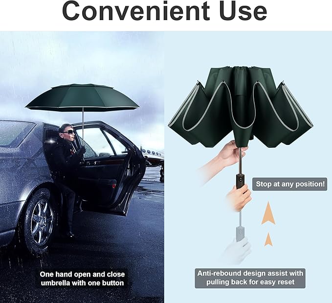 Urvoix Travel Umbrella Compact Windproof - Vented Double Canopy Umbrellas for Rain, Portable Umbrella Inverted Automatic Open Close with Reflective Strip
