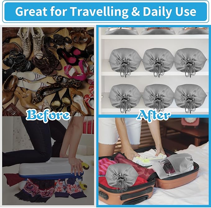 Large Gray Travel Shoe Bags - 10 Pcs with Clear Window, Non-Woven Drawstring, 12.6" X 17.3" for Men Women