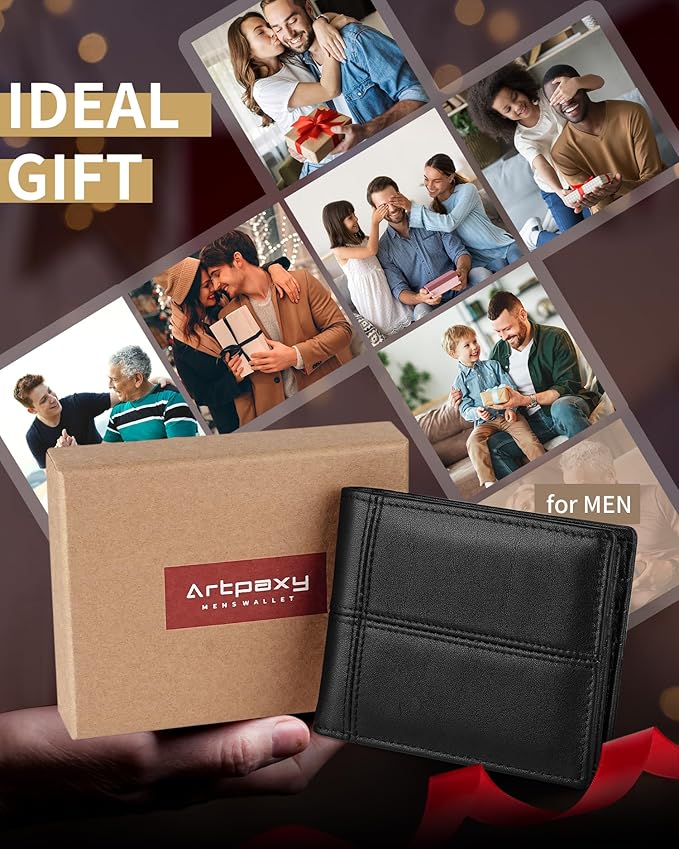 Artpaxy Mens Wallet Bifold Genuine Leather RFID Blocking Wallet for Men with 1 ID Window 13 Card Holders 2 cash pockets 1 Gift Box