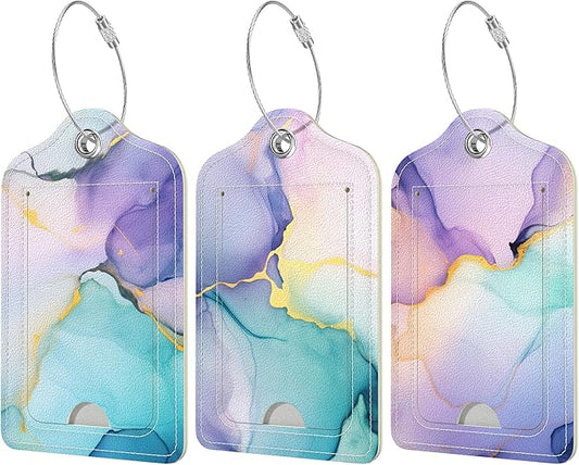 Rimilak 3 Pcs PU Leather Luggage Tags for Suitcase, Travel Cruise Luggage Tag with Privacy Flap, Name ID Label and Metal Loop for Women Men Baggage Handbag School Bag Backpack, Purple Marble
