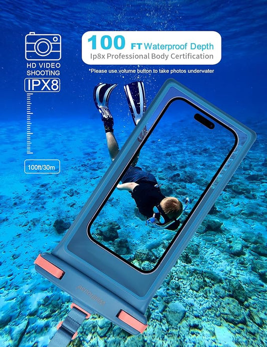 wellhouse Waterproof Phone Pouch, Waterproof Phone Case for iPhone 16 15 14 13 12 Pro Max XS Samsung, IPX8 3D Cellphone Dry Bag Beach Essentials (1 Pack - Blue8.0, 8 inch)