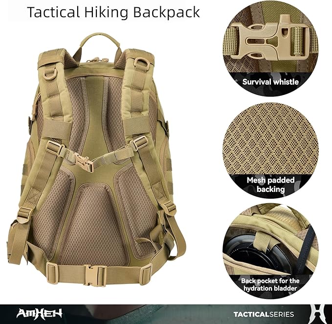 32L Military Tactical Backpack - Rugged Molle Assault Pack Fits 17 Inch Laptop for Survival Hiking Outdoor Travel Work (Tan)