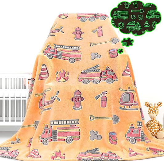 Glow in The Dark Blanket Toy Fire Trucks Blankets for Toddler Boys Gifts Cars Throw Blanket Firetruck Birthday Gifts for Kids